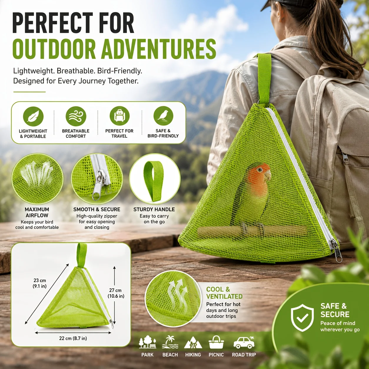 Triangle Bird Travel Carrier 27cm Foldable Breathable Mesh Bag with Perch 50g Lightweight Portable for Parrot Parakeet