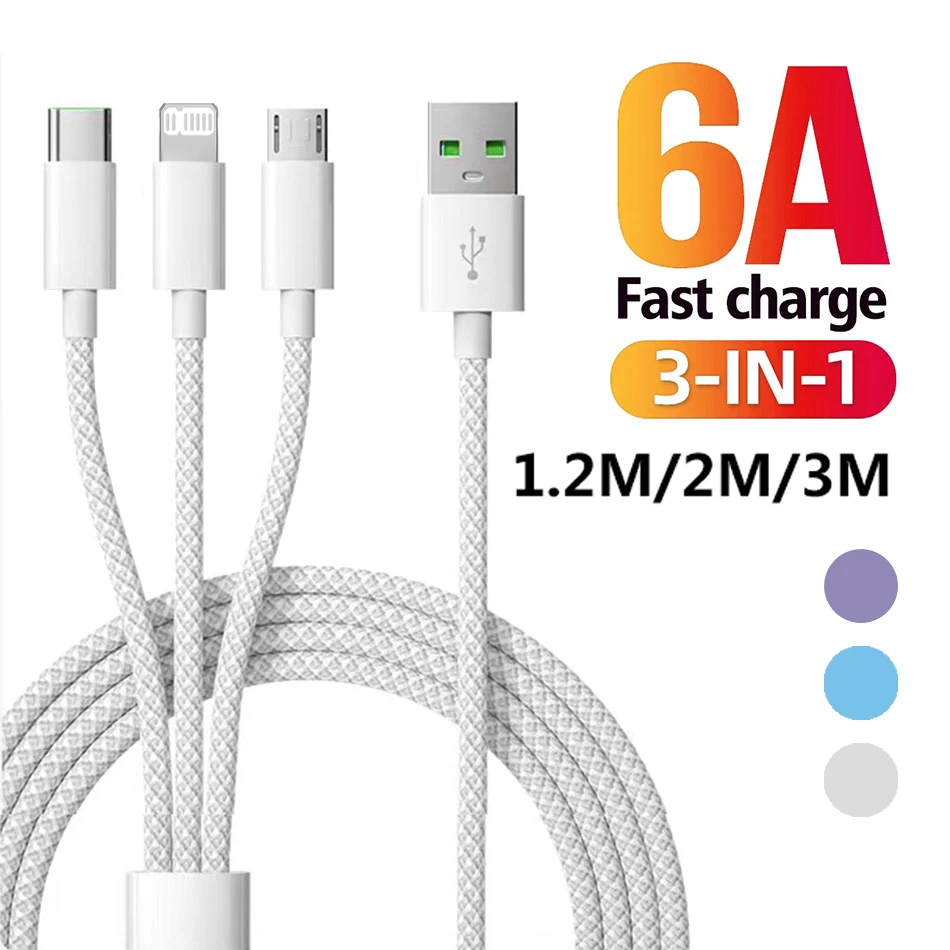 1.2M/2M/3M 66W 6A 3 in 1 Fast Charging Cable USB Type C Cable 2 in 1 Micro USB Data Charger Cable USB C Cable