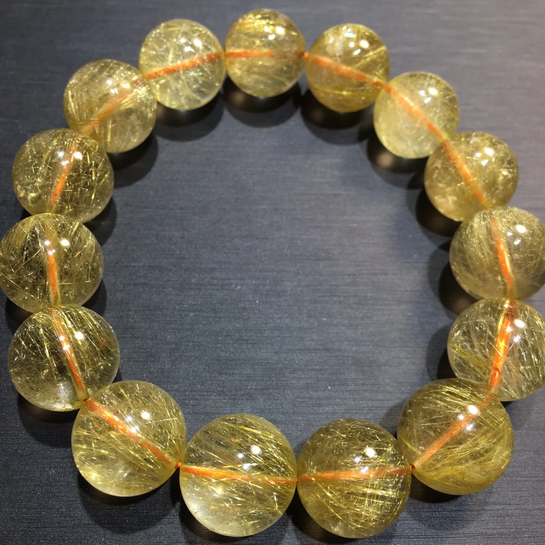15mm Natural Gold Rutilated Quartz Bracelet Jewelry For Women Men Brazil Healing Crystal Gift Round Beads Stone Strands AAAAA