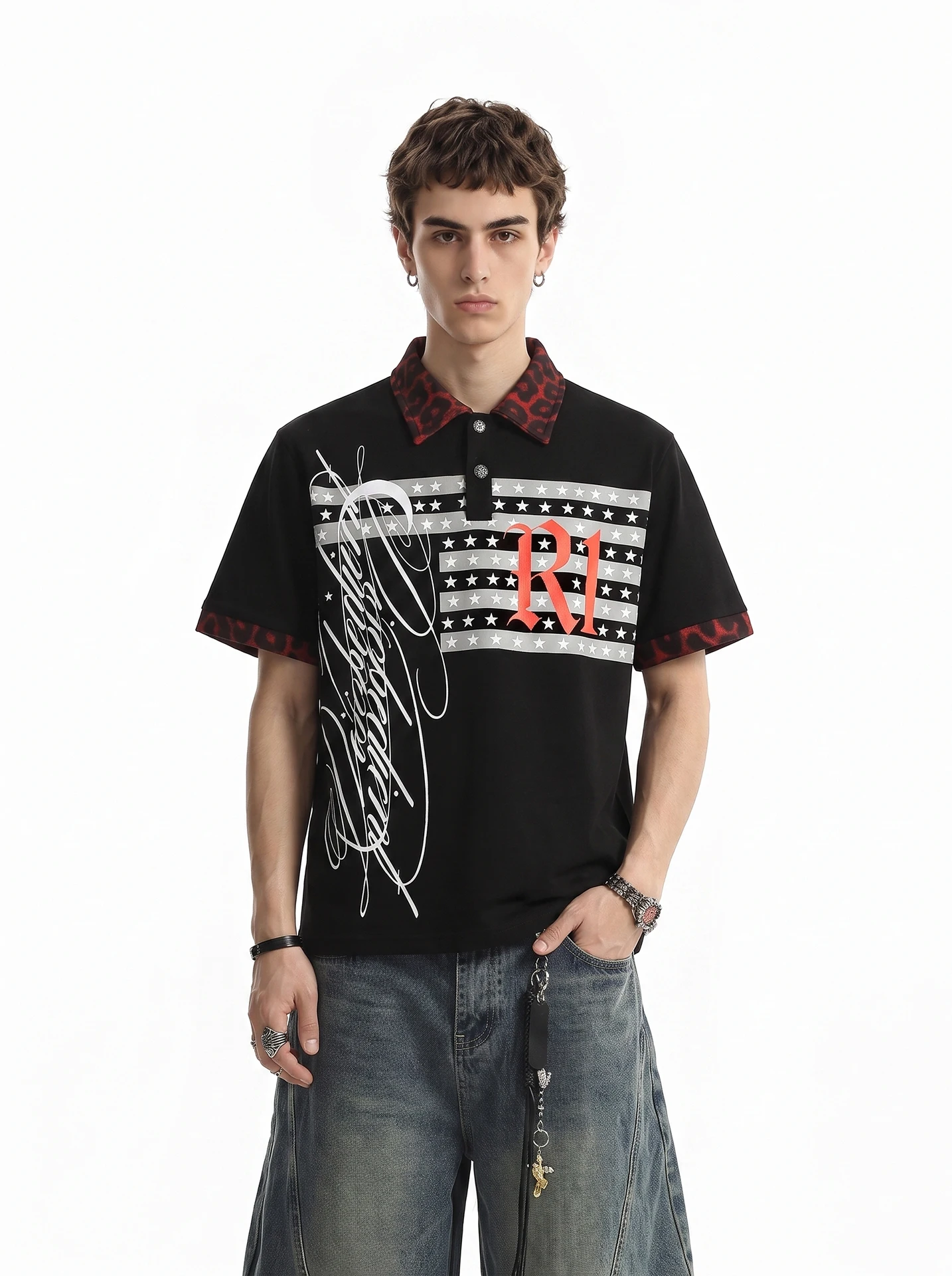 BETEBULE American High Street Loose  Shirt Short Sleeve T-Shirt Men Summer Star Print Leopard Pattern Vintage Casual Top