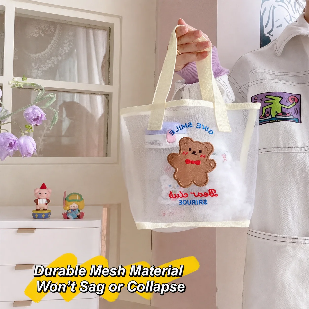 Girly Bag Semi-Transparent Mesh Shopping Bag Bear Embroidered Tote Breathable Transparent Handbag For Short Outing Beach Trip