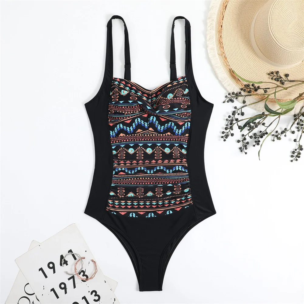 Vintage Print Bikini Patchwork Badeanzug Push Up Bademode Frauen Ein Stück Badeanzüge Strand Outfit Biquinis Feminino Trend