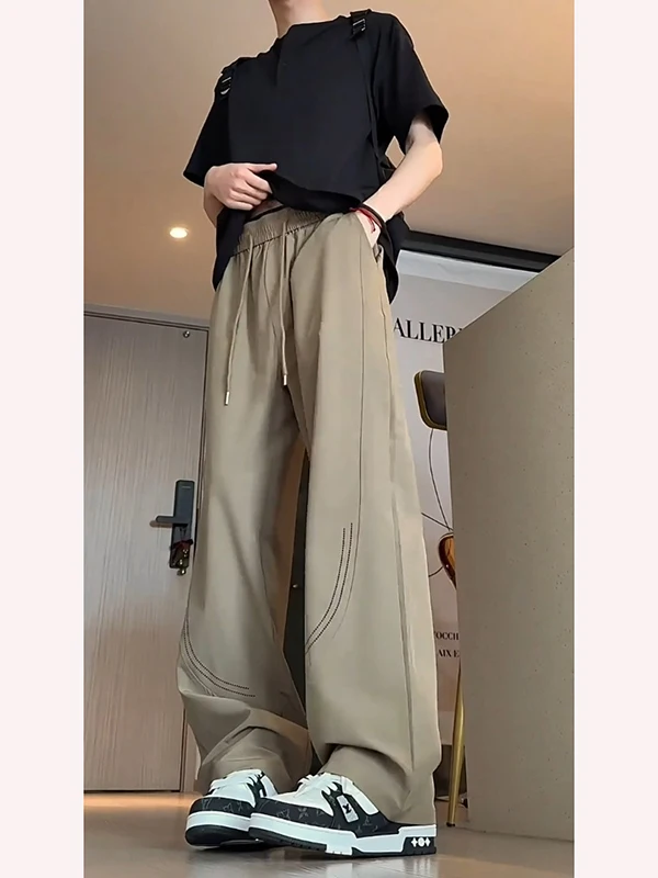 

Khaki Ice Silk Men's Summer Laser Punched Wide Leg Pants Breathable Loose Long Trousers American Retro Casual Straight Leg Jeans