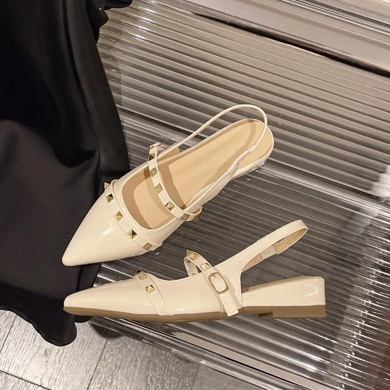 2026 New Style French Rivet Heeled Sandals - Flat Toe Pointed Toe Single Shoes view 2