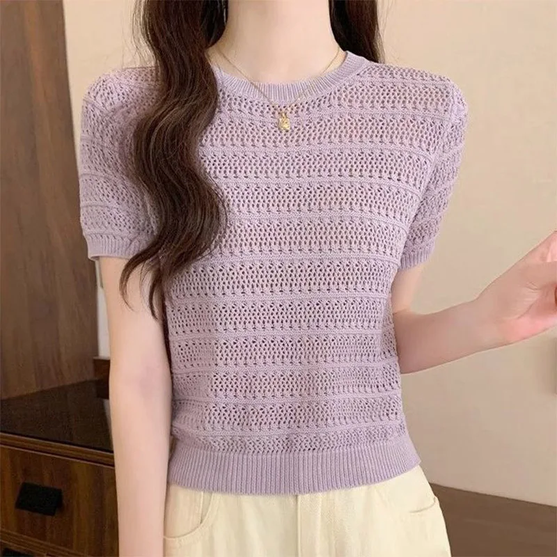 Summer Fashion Loose Hollow Out Knitted T-shirt Women Clothing Casual All-match O-neck Short Sleeve Top Tee Ice Shreds Thin Tops