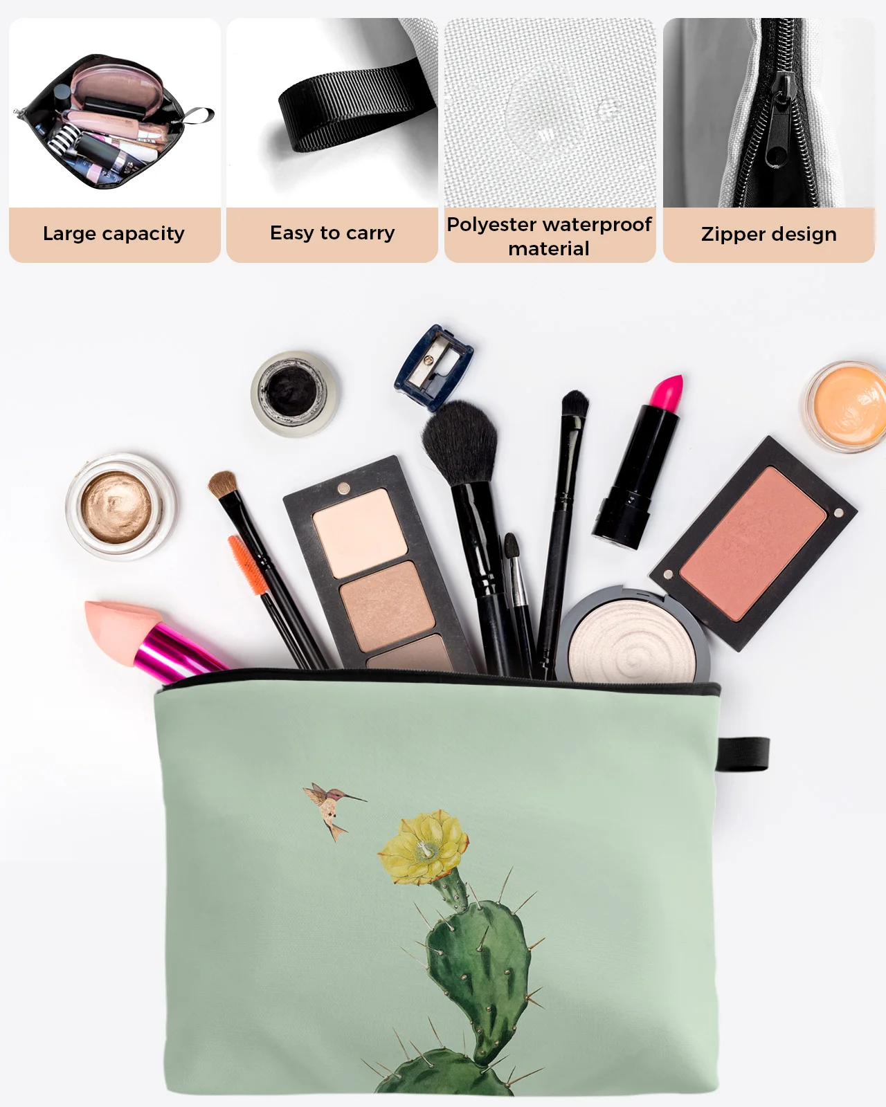 Cactus Yellow Flower Hummingbird Makeup Bag Pouch Travel Essentials Women Cosmetic Bags Toilet Organizer Storage Pencil Case