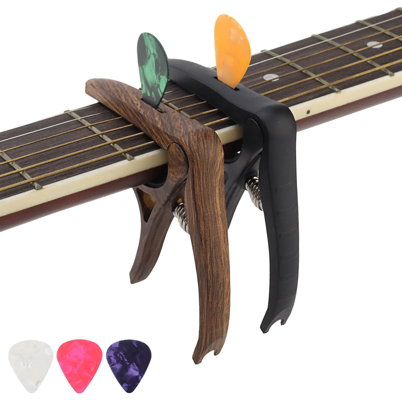 2 pcs Imitation Wood Grain Acoustic Classic Guitar Capo for Banjo / Mandolin and Ukulele with Pick Holder & Pin Puller & 5 Picks