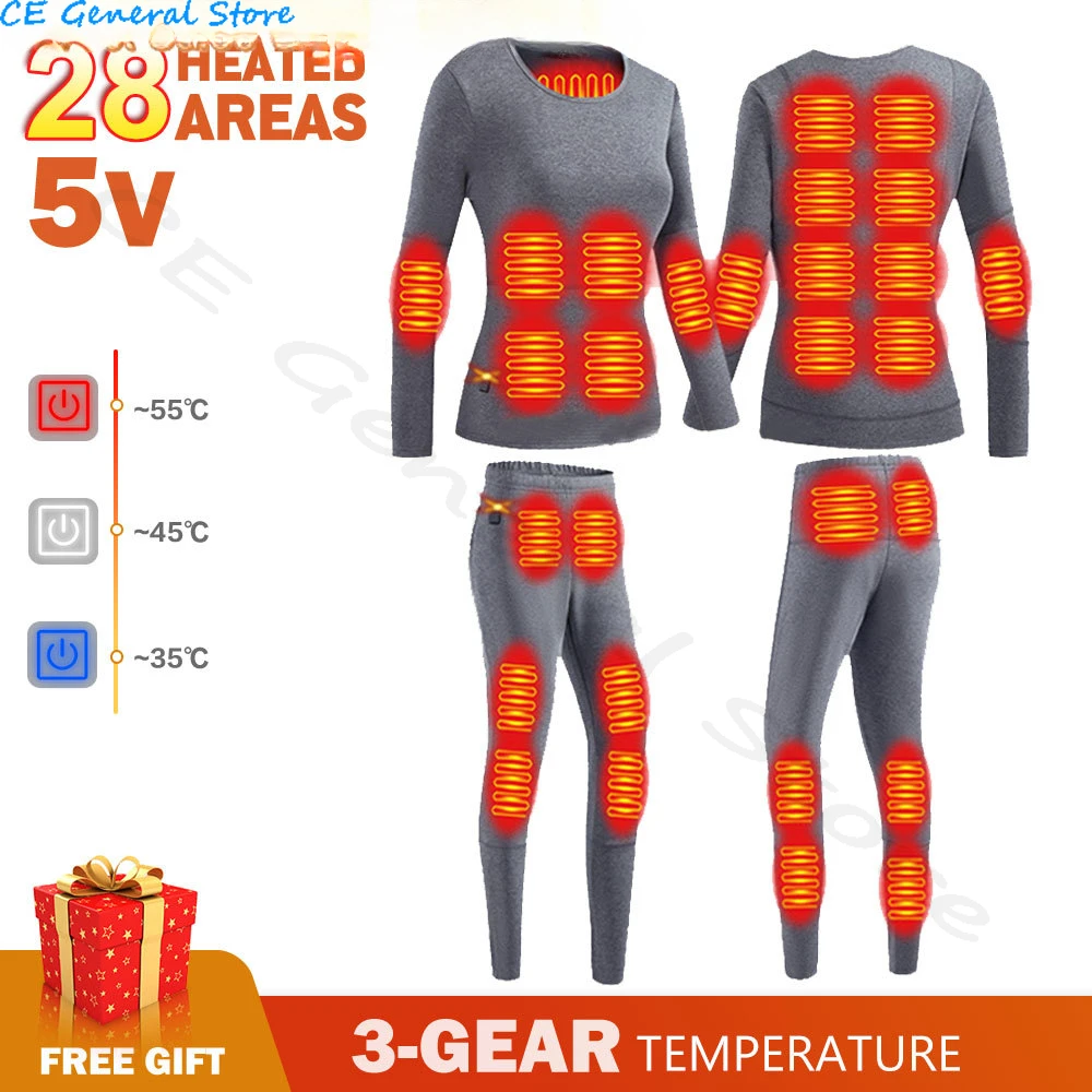 Electric Heated Clothing Men Heated Thermal Underwear Set Women Winter Electric Heating Jacket Fleece Lined Heating Underwear