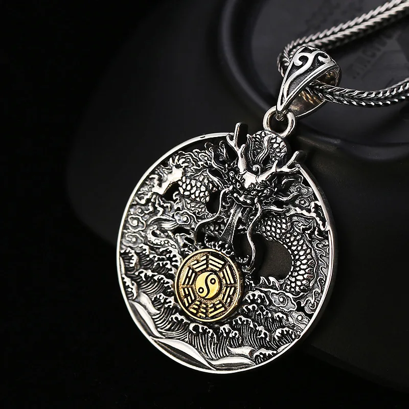 

S925 Sterling Silver Dragon Pendant Black Color Old Process Unisex Brass Bagua Fine Jewelry FYNE395