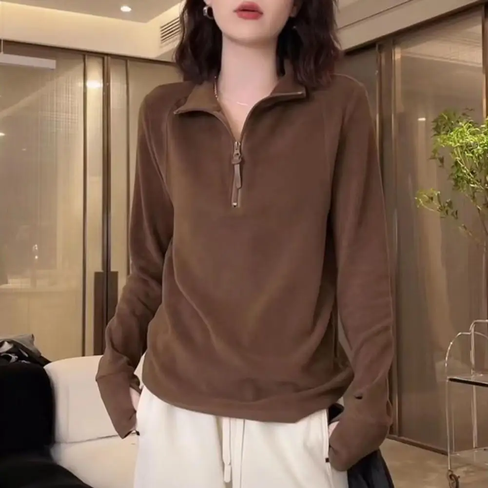 Lady Fall Winter Top Half Zipper Stand Collar Neck Protection Solid Color Loose Bottoming Sweatshirt Long Sleeves Elastic Layeri