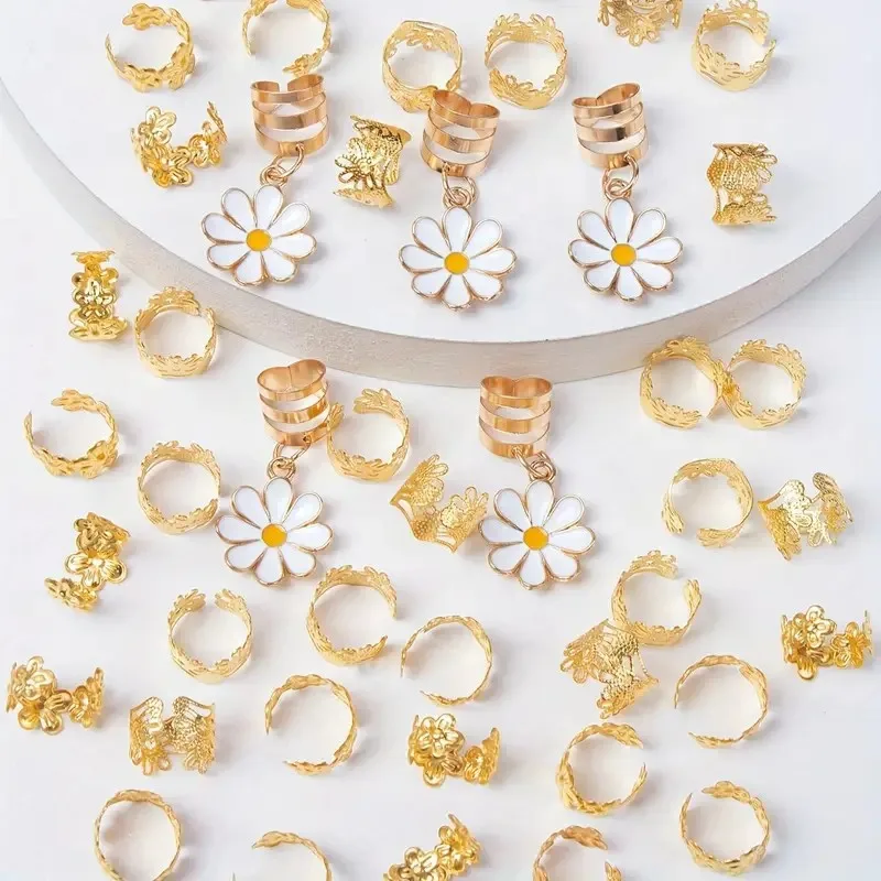 Sweet Flower Dreadlock Hair Rings Pendant Set Cute Braid Cuffs for Women Hair Accessory Supply Kit