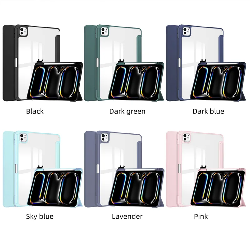 حافظة لجهاز iPad Pro 2024 ثلاثية الطي من جلد البولي يوريثان غطاء خلفي صلب ذكي لجهاز iPad Pro 13 11 بوصة 2024 M4 مع حامل قلم رصاص