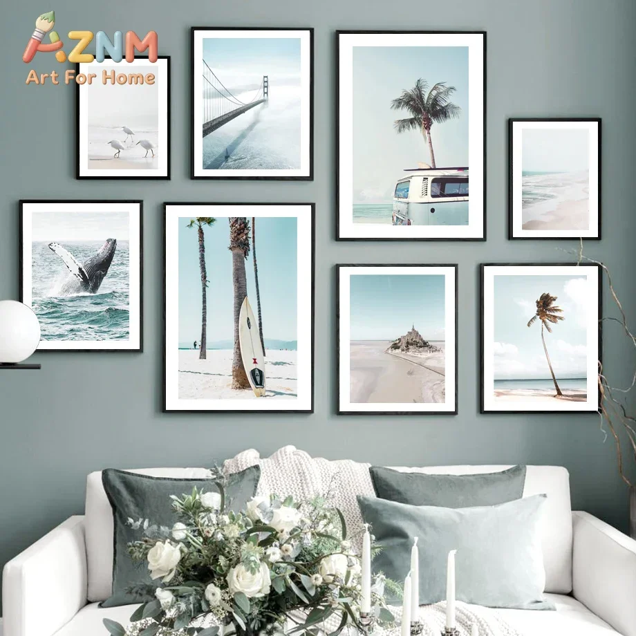AZNM Coastal Beach Canvas Wall Art, Palm Tree Whale Surfing Bus Seascape Photography Print, Minimalist Living Room Home Decor, U