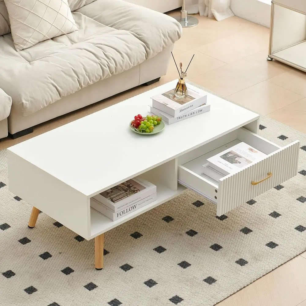 Vintage-Style Rectangular Coffee Table with Stripe Drawer, Large 41 Storage Center Table for Living Room, 2-Level White Cocktail