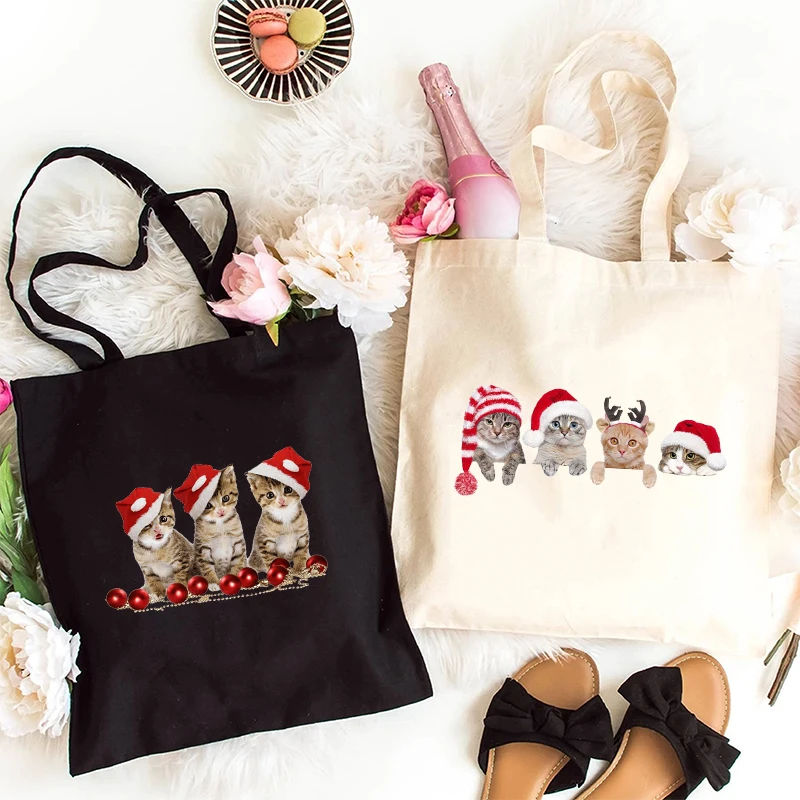 CuteMerry Christmas Cat Print Canvas Tote Bags Women\'s Christmas Party Shopping Bag Anime Kitten Shoulder Bag Female Handbags