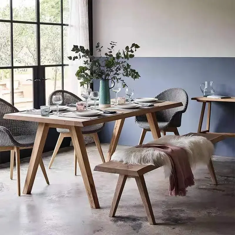 Retro old solid wood dining table log desk industrial style dining table worktable homestay villa table and chair combination