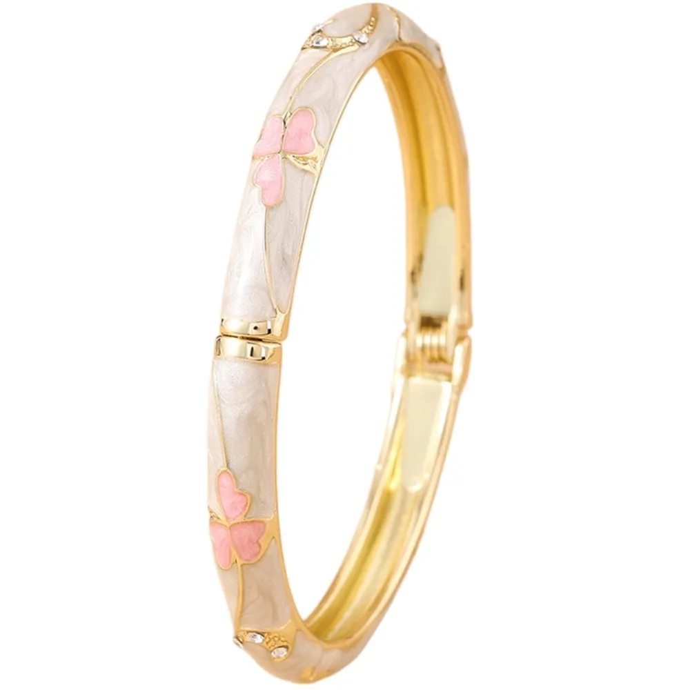 

Good Luck Clover Vintage Cloisonne Bangle Traditional Enamel Floral Flower Crystal Bangle Classic Ethnic Women's Hand Bracelet
