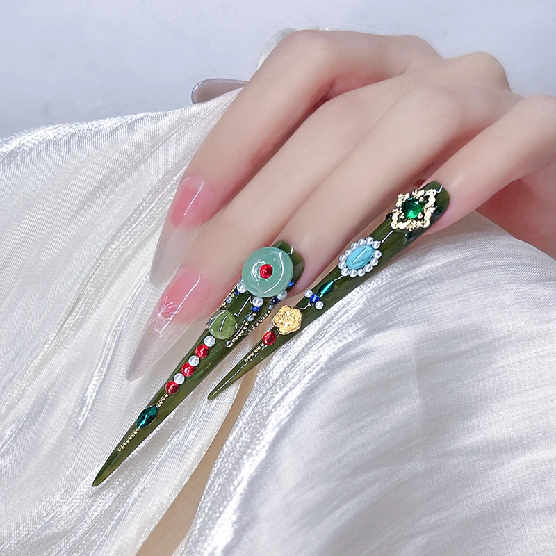 14 Piece（4 long+10 short） Handmade Retro Gem Littini Nail Set Shiny Elegant for Occasions (Better Than) Popular Kits