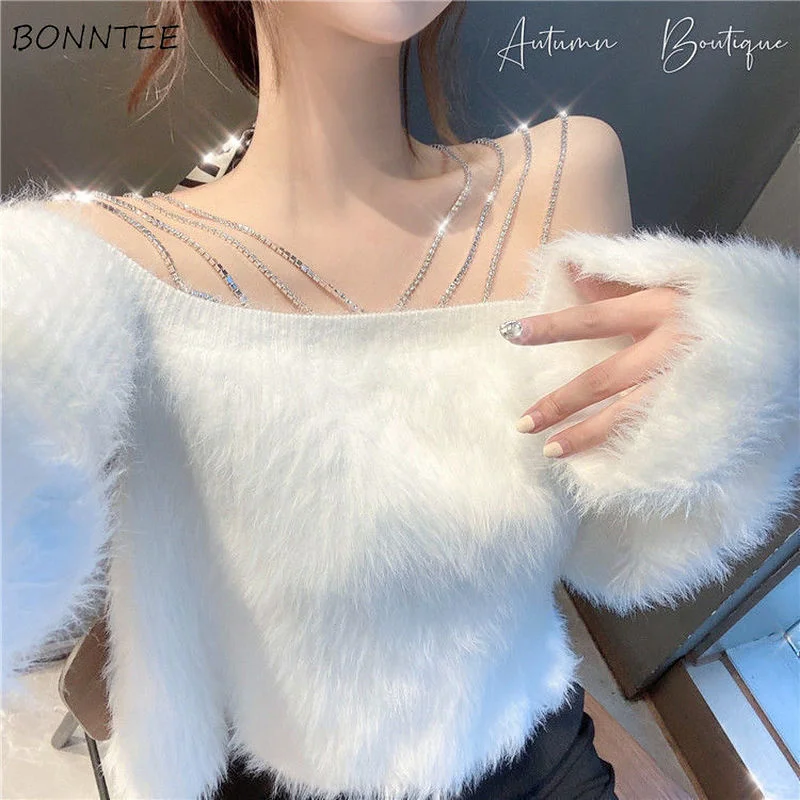 Pullovers Women Slash Neck Casual Solid Light Soft with Chain Fashion Design Tender Femme Fall Winter Cozy All-match Sweet Knit