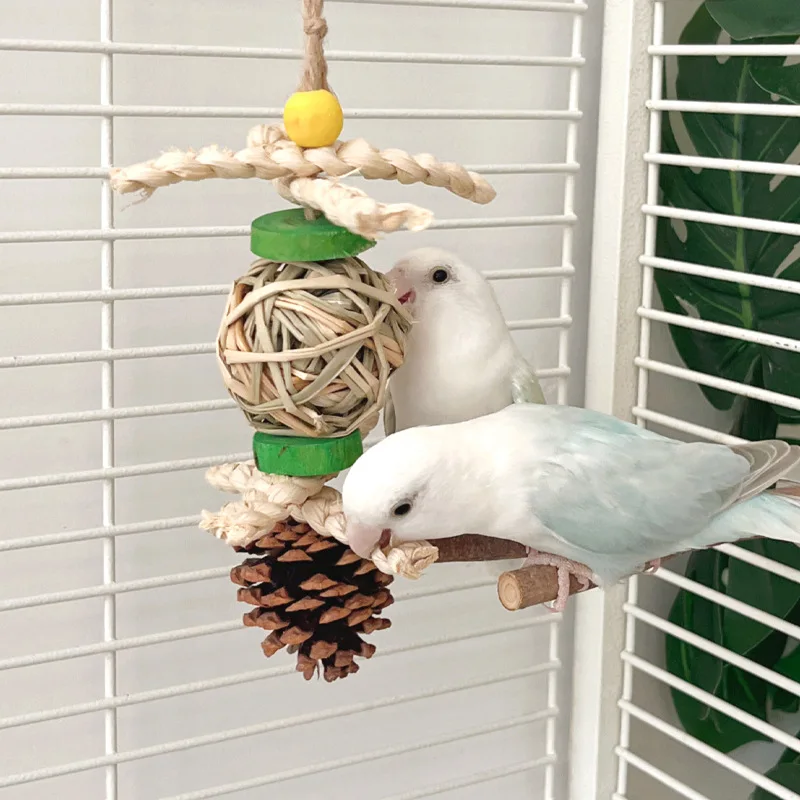 Bird Beak Grinding Toy Hand Woven Grass Balls Corn Husk Pine Cone Promotes Beak Health Entertainment for Parrot Bird Training