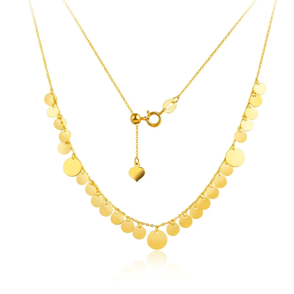 Real AU750 18K Gold Disc Tassel Pendant Necklace for Women Adjustable Heart Charm Clasp Choker Luxury Sequins Fine Jewelry Gift﻿