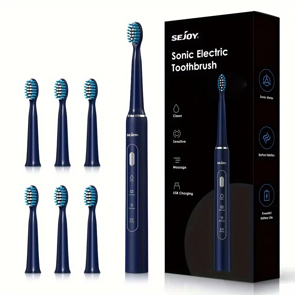 Sejoy Electric Toothbrush USB Rechargeable 12 Replacement Toothbrush Heads 6 Modes Adult Ultrasonic Teeth Cleaning