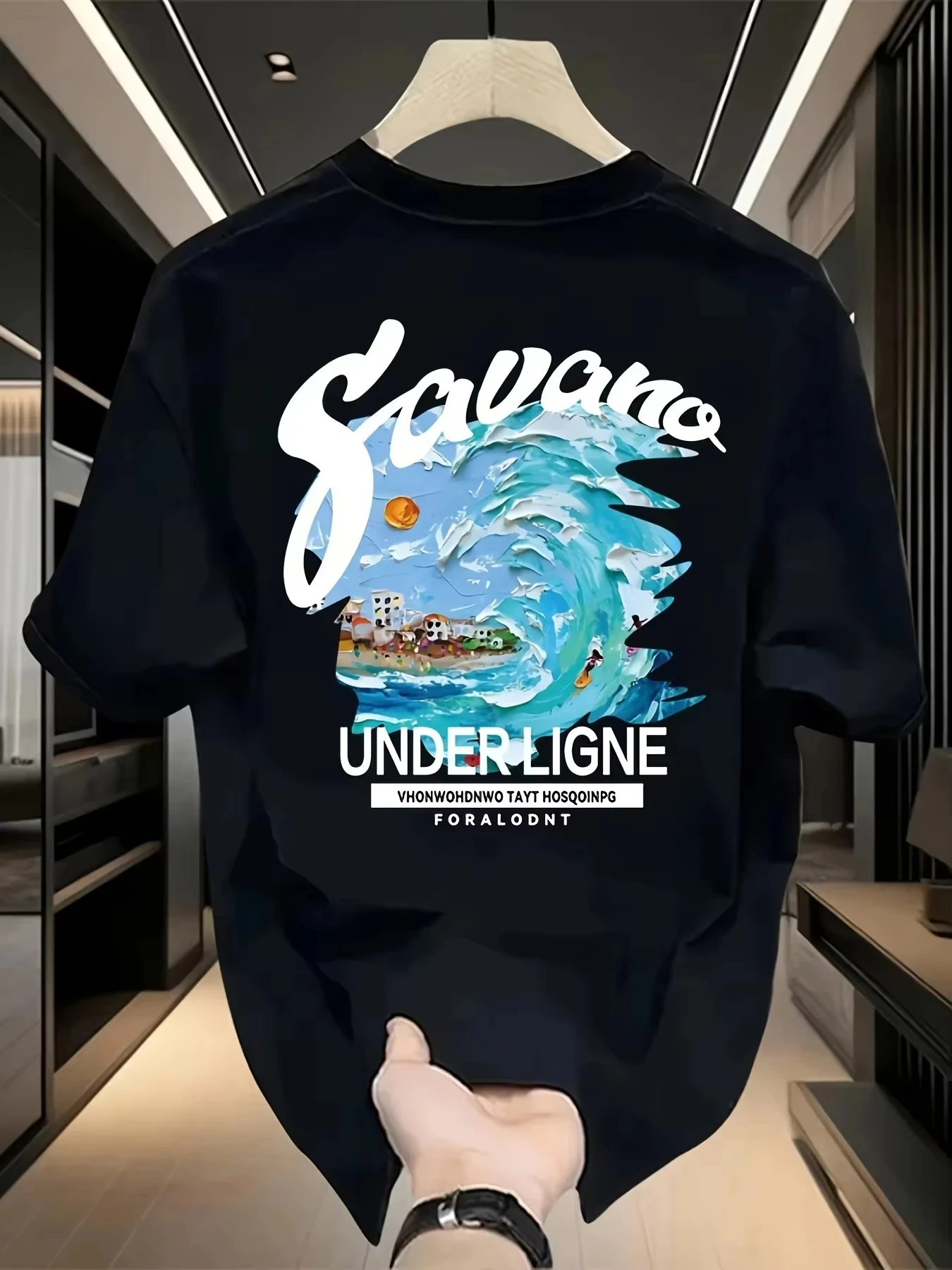 Back Print Ocean Wave Coastal Town Oil Painting Graphic T-shirt Blue Vacation Print Cotton Men's and Women's Casual Daily Tee