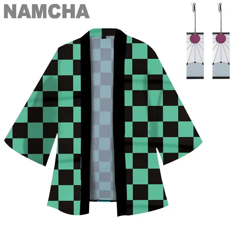 Anime Kamado Tanjirou Costume Cosplay Kamado Nezuko Giyuu Tomioka Kimono mantelli giacca Cardigan con clip per l'orecchio