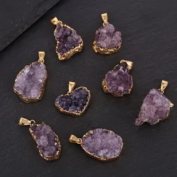 1pcs Irregular Natural Crystal Gravel Gold Plated Edge Necklace Amethyst Cluster Original Stone Pendant