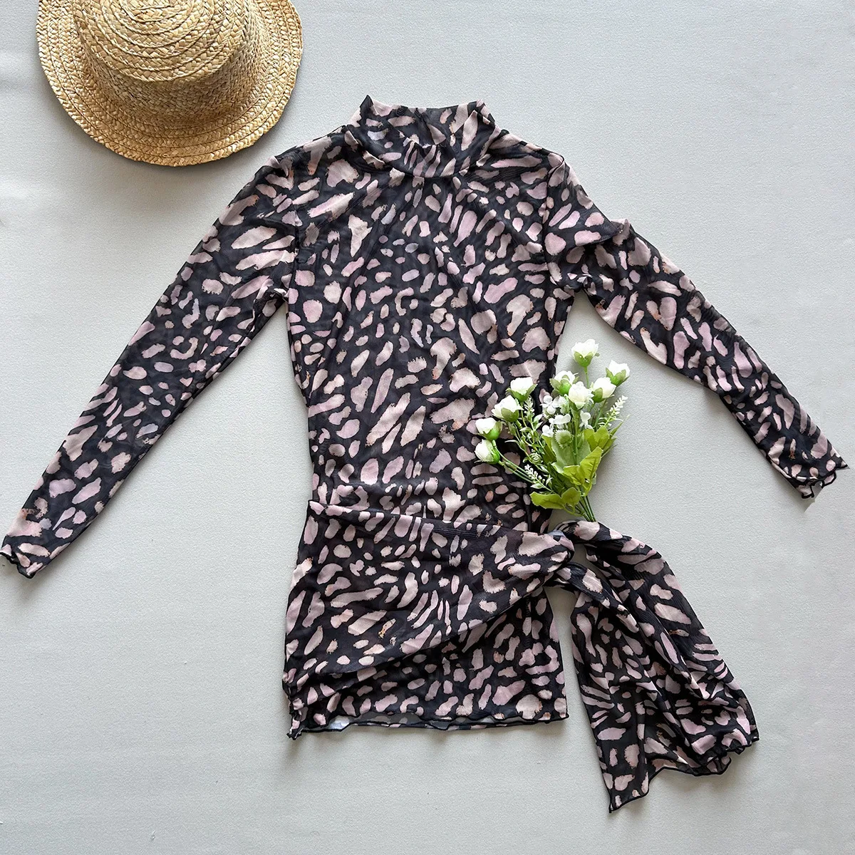 Durchsichtige, rückenfreie, lange Ärmel aus Netzstoff, sexy Midi-Kleid mit Leopardenmuster, Überzüge für den Sommer, Boho, Strandurlaub