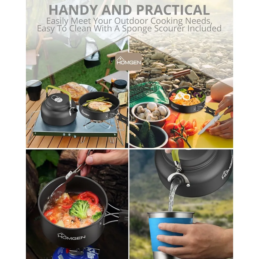 طقم أواني طهي للتخييم من الألومنيوم المؤكسد خفيف الوزن مكون من 12 قطعة من هومجن لشخصين - وعاء/مقلاة مع مقابض قابلة للطي 800 مل