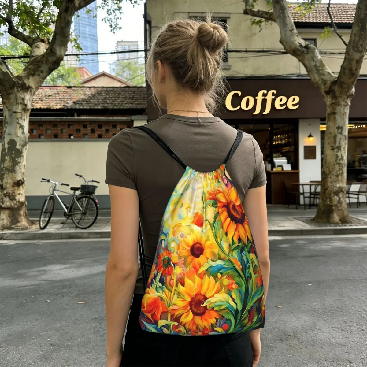 

Яркие винтажные рюкзаки с рисунком подсолнухов в стиле масляной живописи, модные сумки на шнурке, спортивные сумки, сумки для книг для мужчин и женщин, школьные сумки