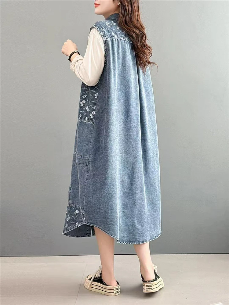 Amax luluE Vintage Elegant Floral Spring Womens Denim Waistcoats Fashion Loose Casual Vest Classic Streetwear Sleeveless Clothes