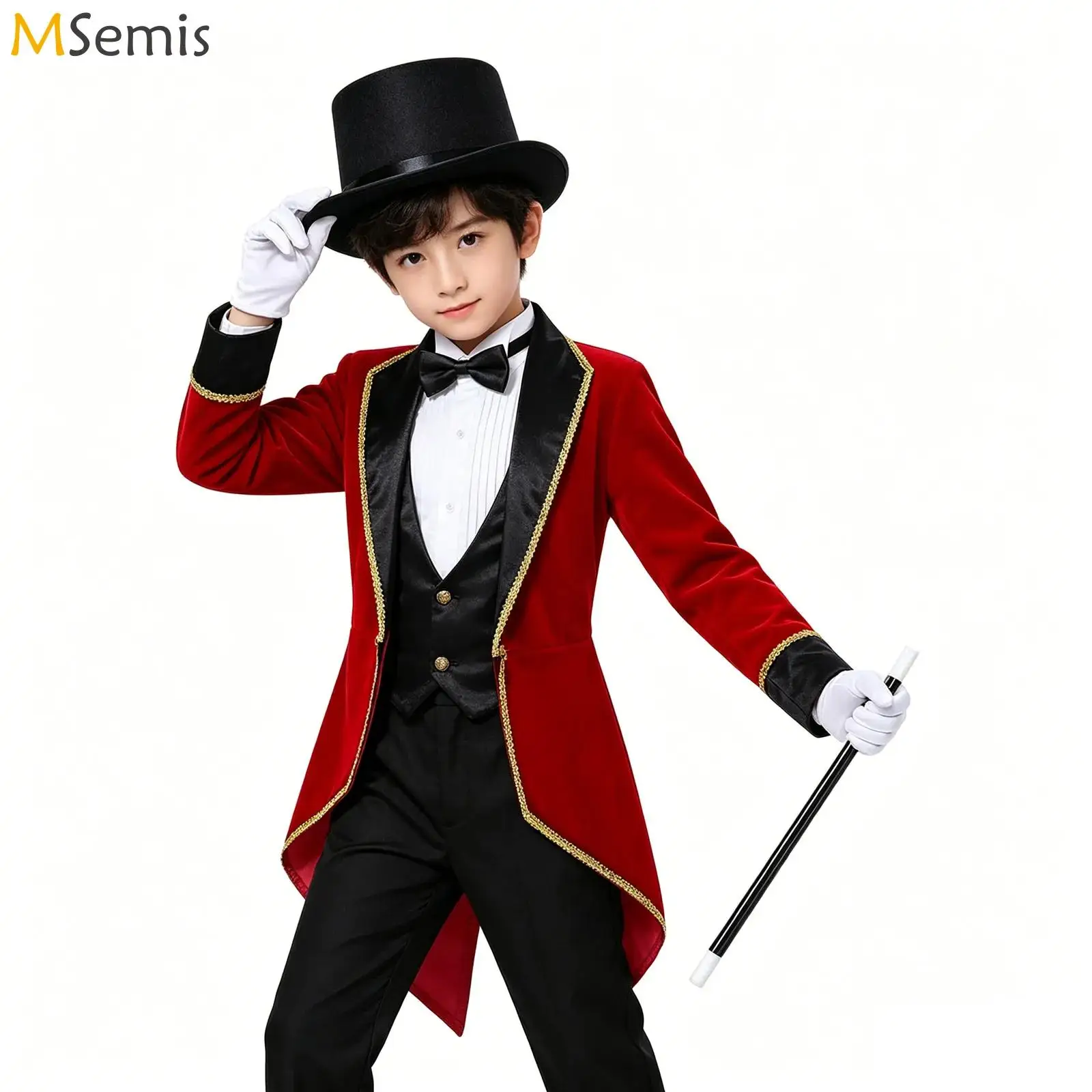 Conjunto de disfraz de circo para niñas y niños, maestro de ceremonias, mago, domador de León, abrigo de cola de solapa de manga larga con sombrero, guantes de varita mágica