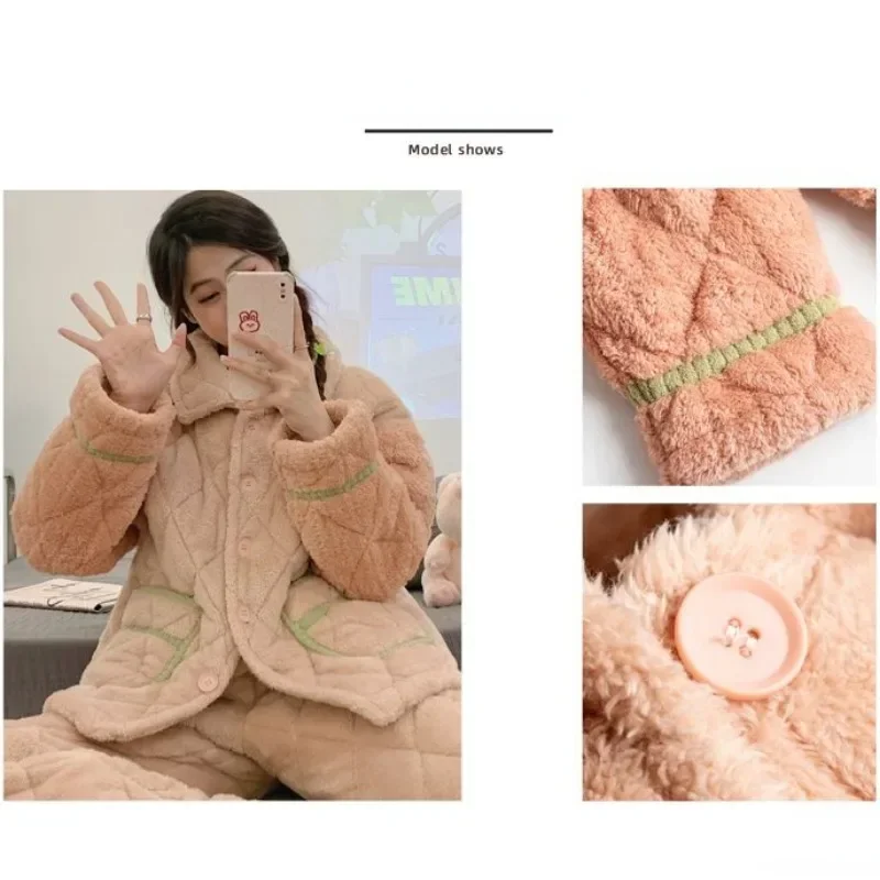 Women Coral Flannel Pajamas Lady Winter New Home Suit Triple-Sandwiched Cotton Sleep Clothes Thickened Fleece Warm Homewear Set