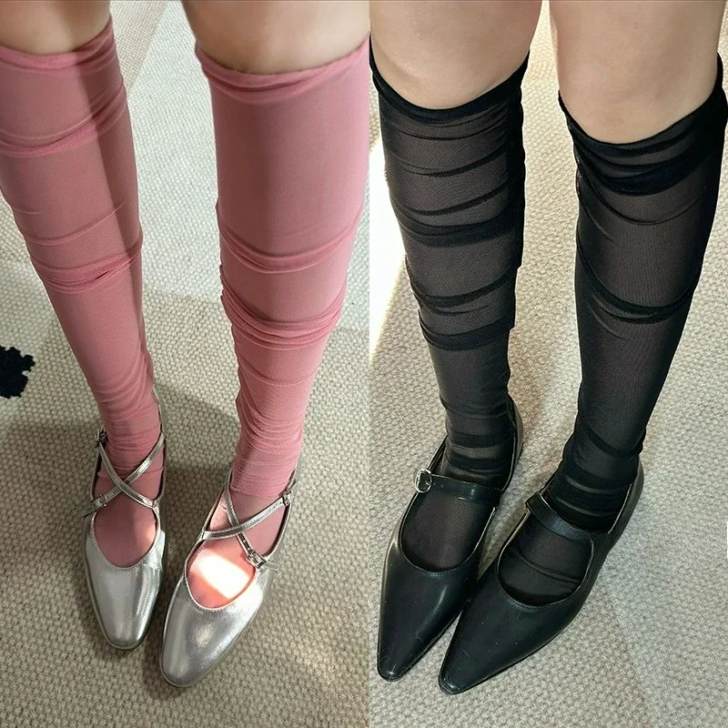 Women Sexy Lace Socks Long Tube Knee High Lolita White Stockings Thin Piles of Socks Section Mesh Pure Desire Lace Hosiery