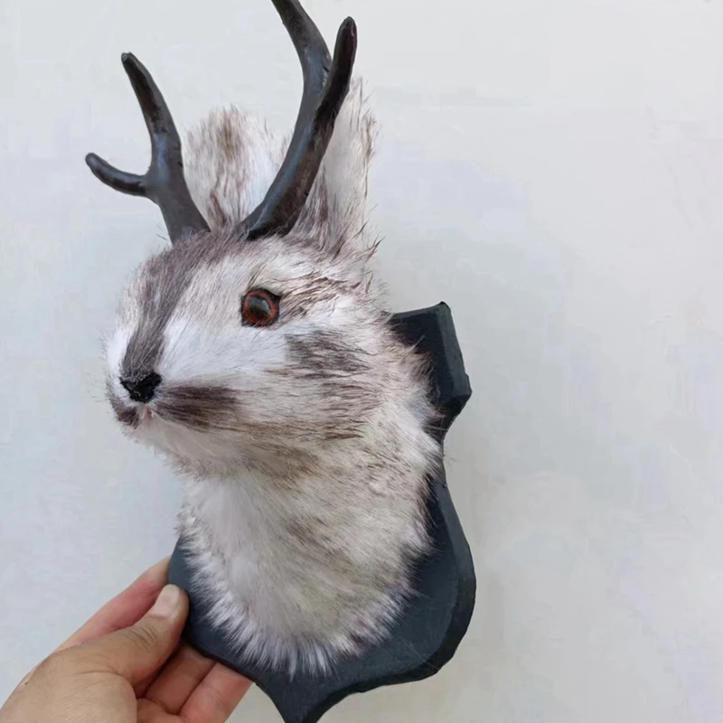 Cute Antlers Rabbit Head Statue Home Wall Decor 3D Sculptures Figurines Hanging Decoration Animal Statues Living Room Home Decor