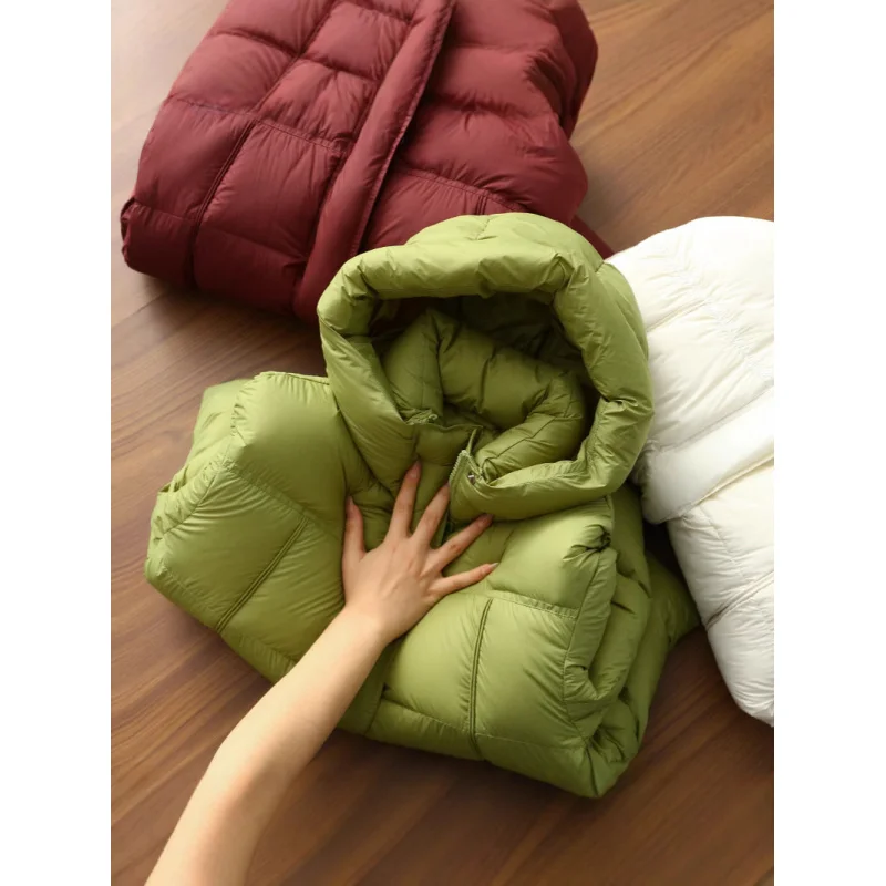 G112414~Cloud down Light Soft Fluffy90White Duck Down Stand Collar Hooded Warm Bread down Jacket Female Autumn and Winter