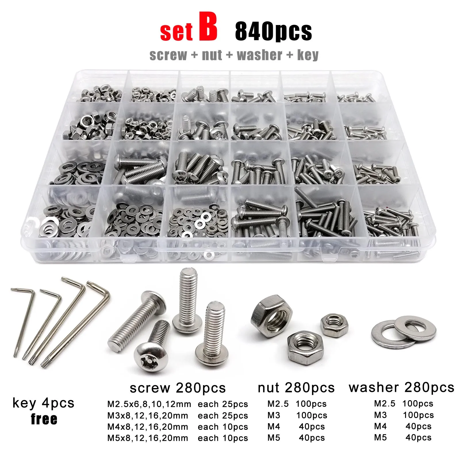 270/840X M2.5 M3 M4 M5 Mix Size 304 Stainless Steel Column Pin Torx Button Round Head Anti-theft Security Screw Bolt Key Set Kit