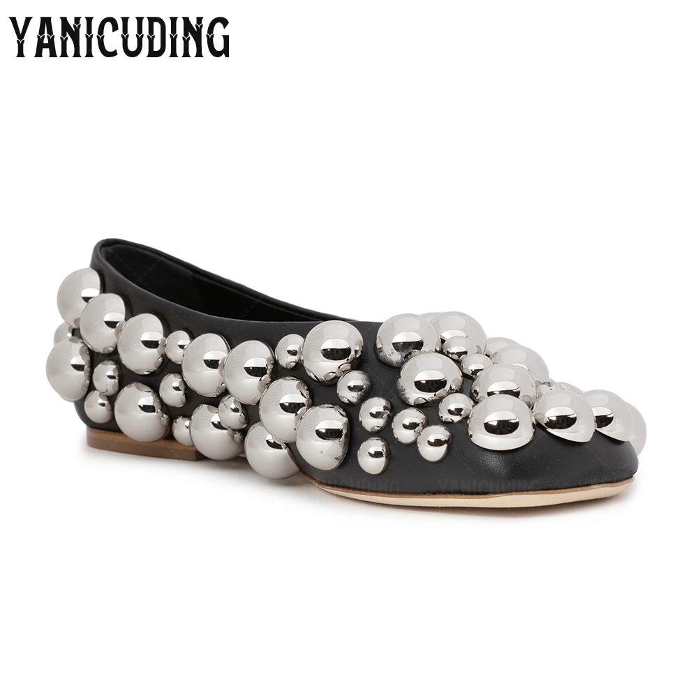 Metallic Stud-Embellished Ballerinas Silver Gold Embellished Black Leather Flats Square-Toe Bubble Beads Women's Elegant Loafers view 6