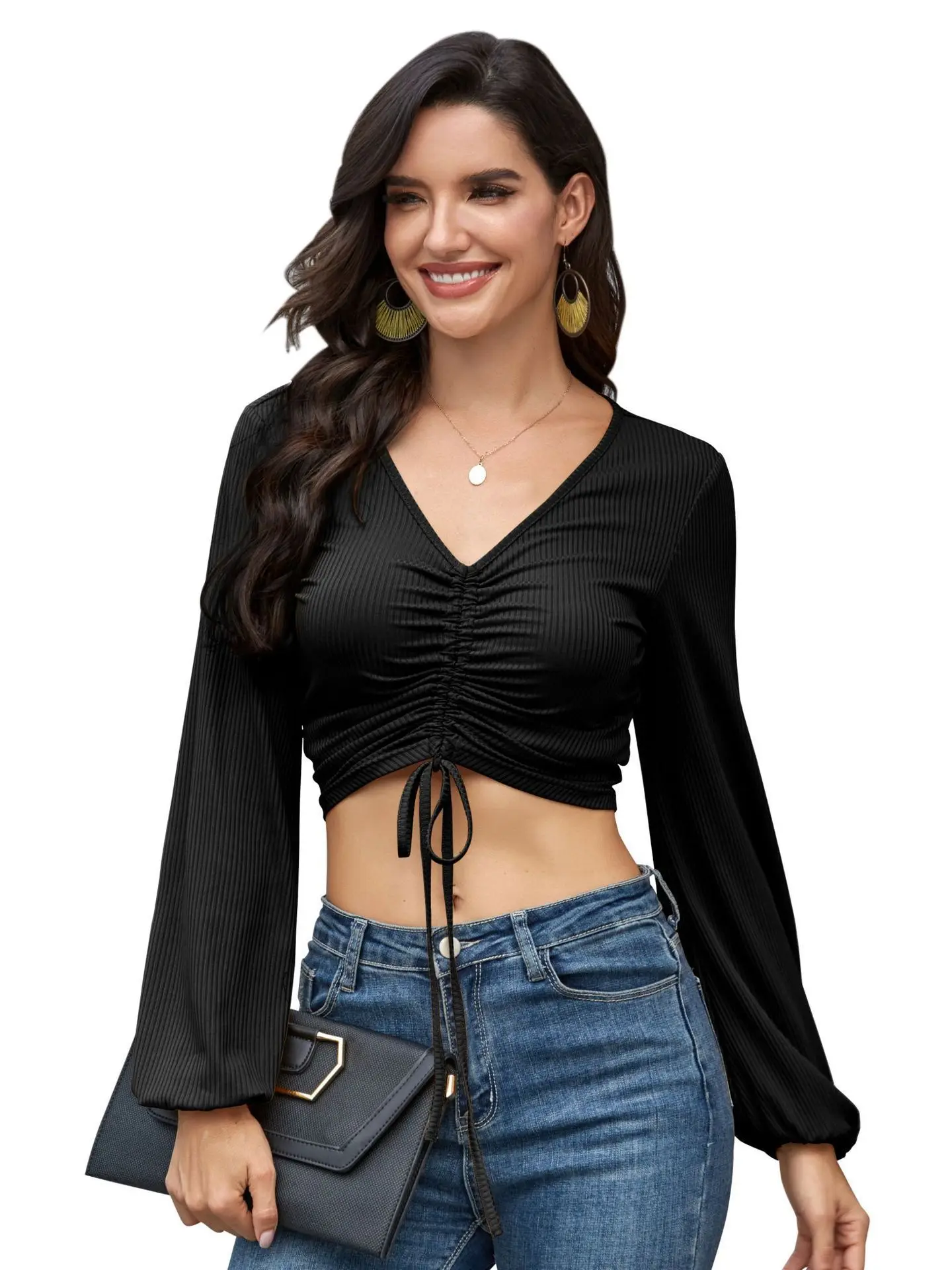 Top de Manga Longa com Decote em V e Cordão Estilo Casual F Design de Cintura Média com Barriga Exposta Moda de Outono