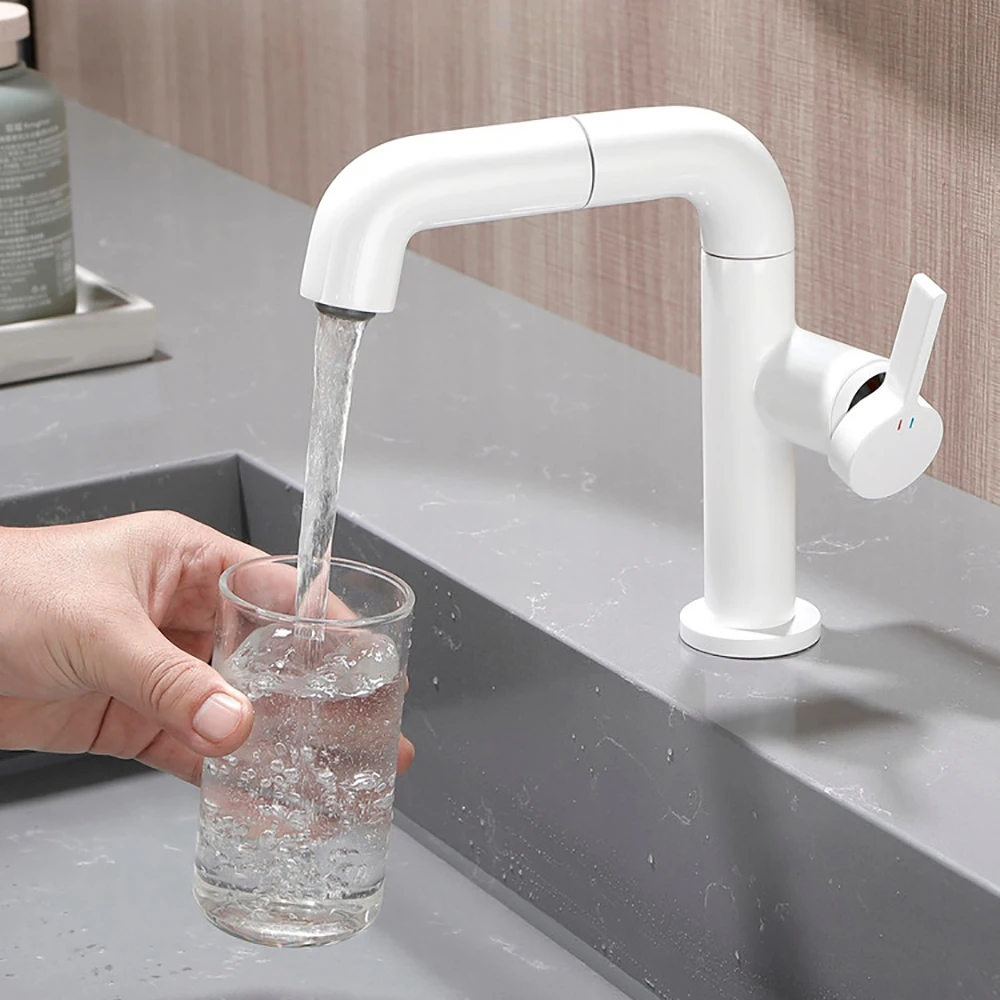 Brass Pull Down Bathroom Faucet Rotatable Basin Mixer Tap Single Lever Wash Sink Water Tap for Home Lavatory