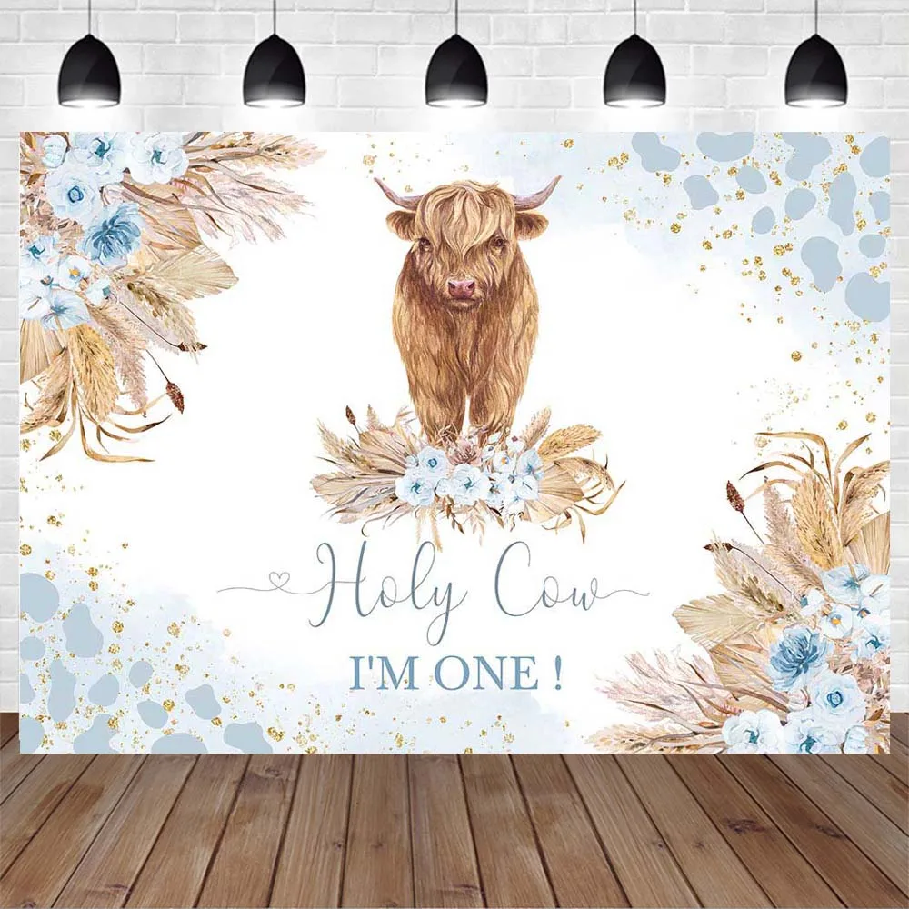 Mocsicka Boho Holy Cow I am One Birthday Backdrop Pampas Grass Baby 1st Birthday Party Photo Background Decor Photo Studio Props