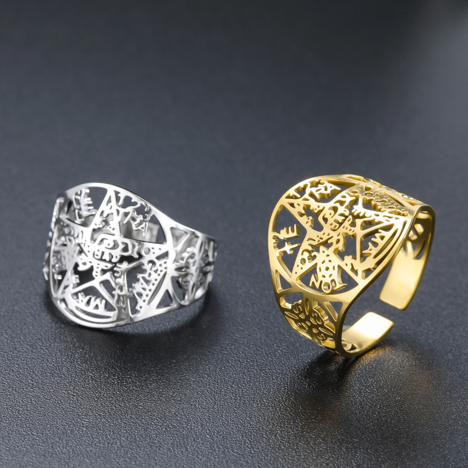 1PC Hollow Pentagram Witch Knot Open Ring Stainless Steel Hebrew Symbol Men's Ring Gothic Jewelry Gift