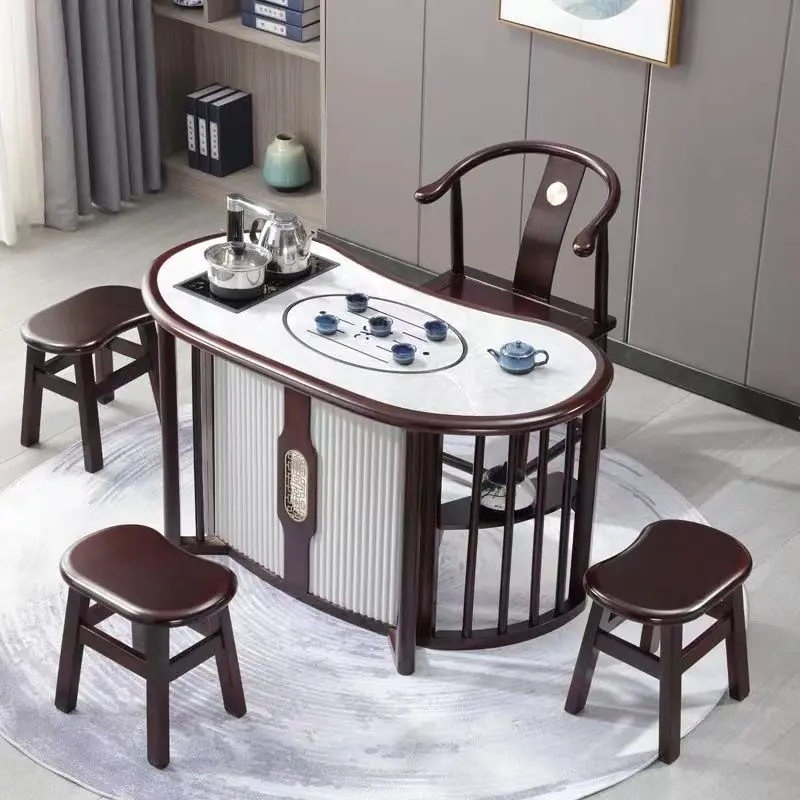 Household solid wood table and chair combination balcony Chinese rock slab Kung Fu office coffee table one-piece small apartment