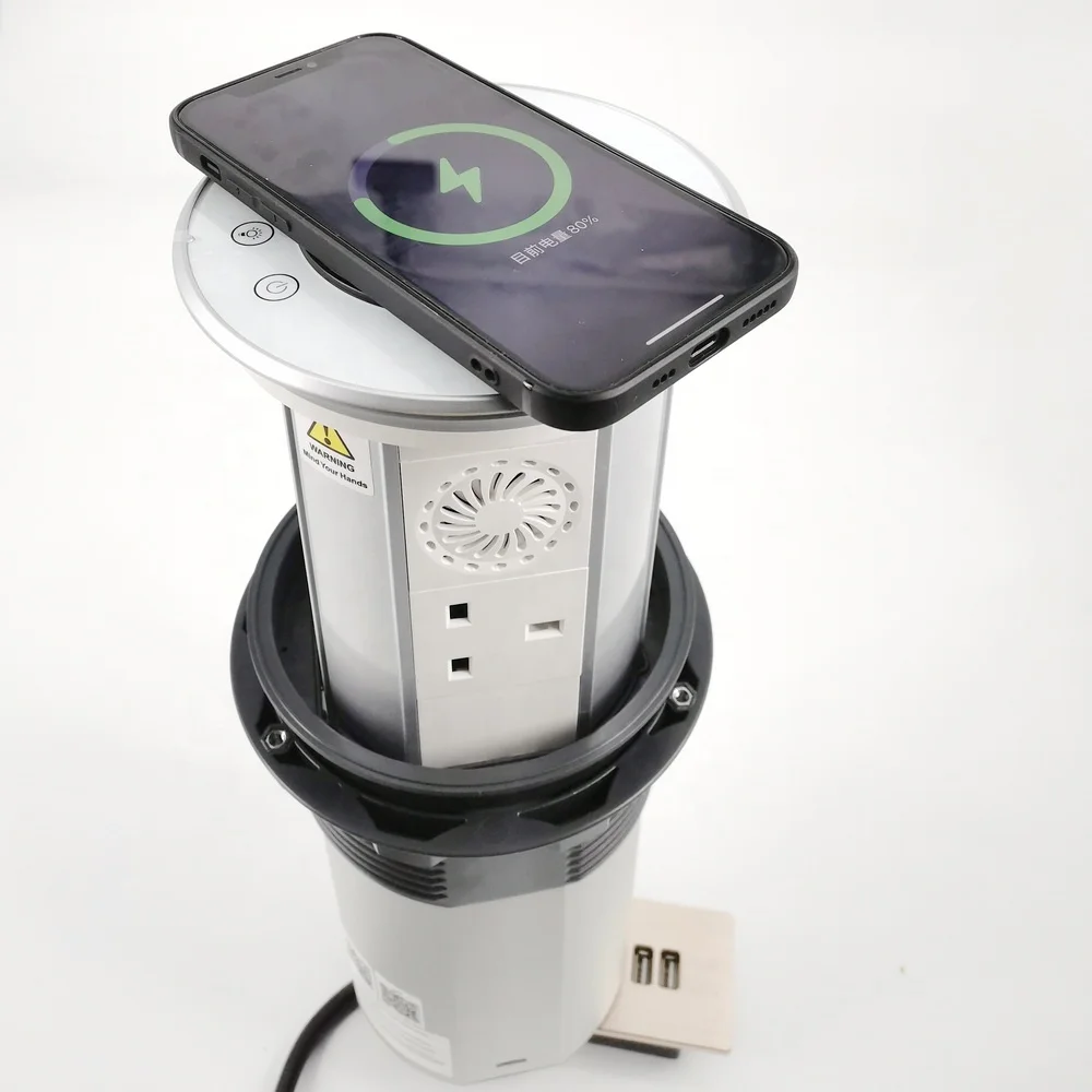 Stopkontak Dapur Nirkabel Pengisian Daya dengan Lampu LED dan Speaker, Menara Pop-up Pengangkat Motor 13A Pintar Wifi Tahan Air
