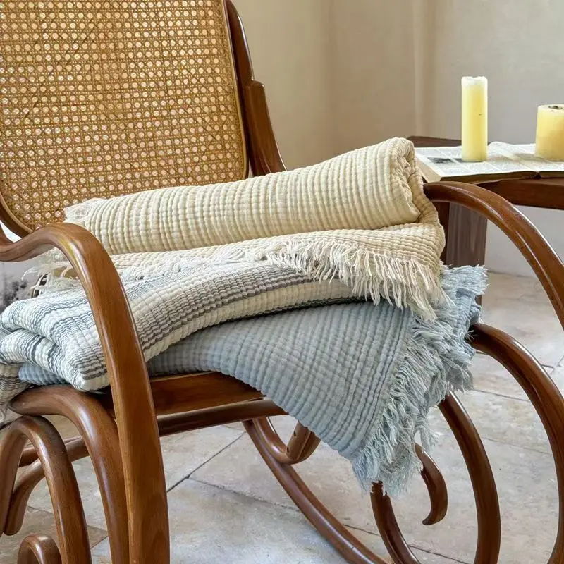 4-layer Pure Cotton Gauze Blanket With Tassels Sofa Throw Solid Color Bedding Class A Towel Quilt Home Office Knee Blankets