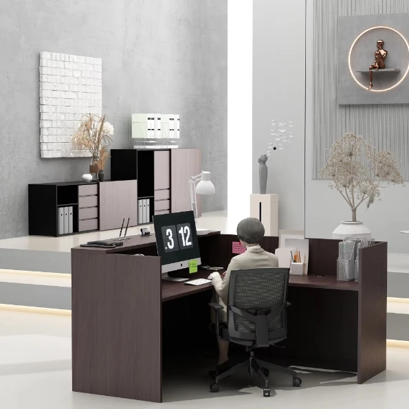 L-Shaped Wood Reception Desk Eco-Friendly Design Front Counter Custom Colors For Hotels Supermarkets Gyms Malls Offices