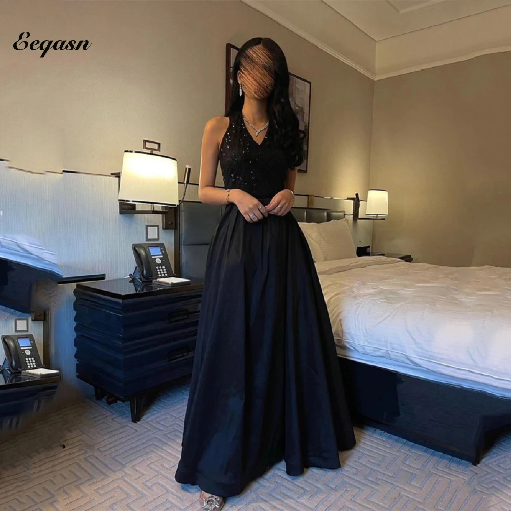 

Elegant Floor Length Evening Gowns Beading V Neck A-line Satin Party Prom Night Gown Woman Dresses Vestidos Elegantes