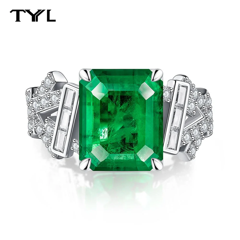 TYYL Vintage 10*12mm High Carbon Diamond Rings Lab Emerald Gemstone Cocktail Party Women 925 Silver Ring Wedding Fine Jewelry